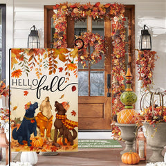 Close-up of BLKWHT Fall Dog Garden Flag burlap texture