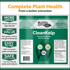 Close-up of Bloom City Seaweed and Kelp Liquid Fertilizer label and instructions
