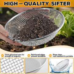 Close-up of Clebay soil sifter showing 6mm mesh