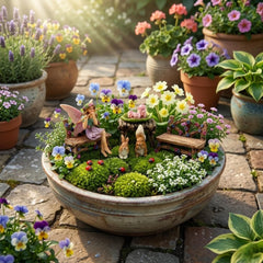 Close-up of colourful PRETMANNS fairy figurines for garden décor