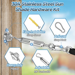 Close-up of Cosweet turnbuckle and pad eye in silver finish