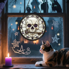 Close-up of CRISGIF Halloween Stained Glass showing ghosts and pumpkins