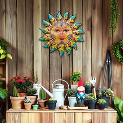 Close-up of Daogtc Metal Sun Wall Decor showing warm colour tones