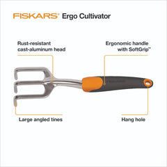 Close-up of Fiskars Ergo Cultivator tines for digging