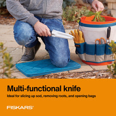 Close-up of Fiskars garden knife blade showing forked tip