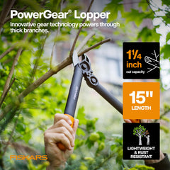 Close-up of Fiskars PowerGear Lopper in orange