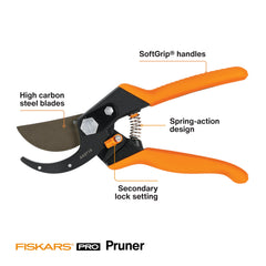 Close-up of Fiskars Pro pruning shears high carbon steel blades