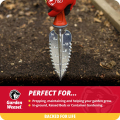 Close-up of GARDEN WEASEL trowel with triangular blade
