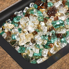 Close-up of GASPRO fire glass reflecting flames