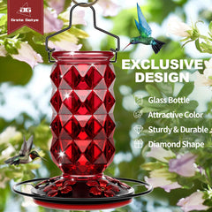 Close-up of Grete Gotye glass hummingbird feeder showing feeding ports