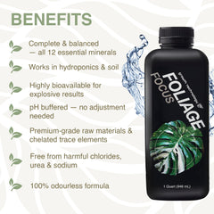 Close-up of Growth Technology GT Foliage Focus liquid plant food label