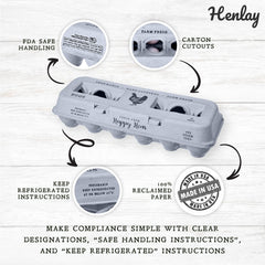 Close-up of Henlay egg carton with phrases like Farm Fresh and Hand Gathered