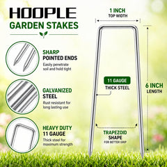 Close-up of HOOPLE galvanized garden stakes showing sharp ends