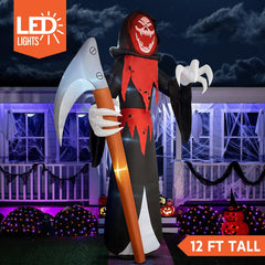 Close-up of Joiedomi inflatable grim reaper's red LED face