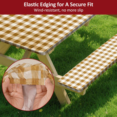Close-up of KENOBEE picnic table cover on a table