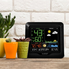 Close-up of La Crosse Technology weather station display showing temperature and humidity
