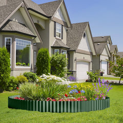 Close-up of Land Guard Corrugated Metal Garden Edging in olive-green