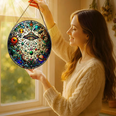 Close-up of LAOWEIKI stained glass suncatcher with vibrant colours