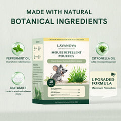 Close-up of LAVANOVA Mouse Repellent Pouch showing peppermint oil ingredients