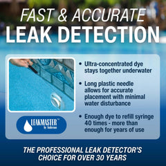 Close-up of Leakmaster blue dye bottle with syringe