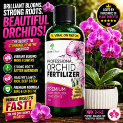 Close-up of Leaves and Soul Liquid Orchid Fertilizer label