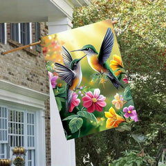Close-up of LienzoFest house flag showcasing hummingbird and flowers
