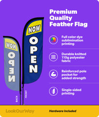 Close-up of LookOurWay feather flag in blue and yellow design