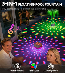 Close-up of Luxfero Floating Pool Fountain with lights on