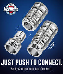 Close-up of McKillans stainless steel garden hose male plugs
