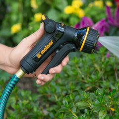 Close-up of Melnor nozzle showing front trigger and grip
