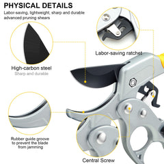 Close-up of MEPEREZ pruning shears showing the high carbon steel blade