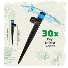 Close-up of MIXC drip irrigation emitter with adjustable vortex head