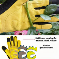 Close-up of MSUPSAV gloves showing the leather palm and floral pattern