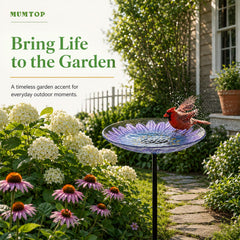 Close-up of MUMTOP Glass Bird Bath with purple daisy design