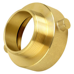 Close-up of NOVINO Fire Hydrant Hose Adapter showing brass material and gold finish