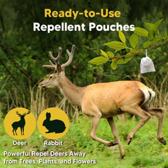 Close-up of PRBSOQ Deer Repellent pouch showing peppermint scent