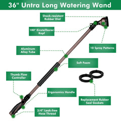 Close-up of Restmo watering wand spray head showing 10 patterns