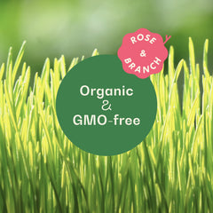 Close-up of Rose and Branch wheatgrass seeds in packaging