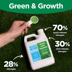 Close-up of Simple Lawn Solutions 28-0-0 Liquid Fertilizer bottle with clear label