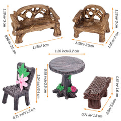 Close-up of Skylety miniature chairs and benches in brown