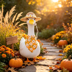 Close-up of straw daisy hat for garden goose costume