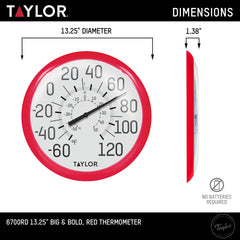 Close-up of Taylor thermometer showing bold numbers and red pointer