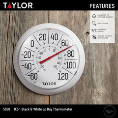 Close-up of Taylor thermometer showing bold numbers and red pointer
