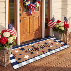 Close-up of the blue and white buffalo plaid door mat design