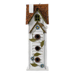 Close-up of the blue floral accents on the bird house