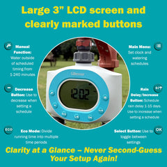 Close-up of the digital LCD screen on GILMOUR Water Timer