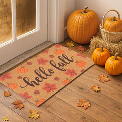Close-up of the Fttoyoly doormat showing hand-painted pumpkins and leaves