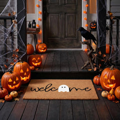 Close-up of the ghost design on the welcome mat