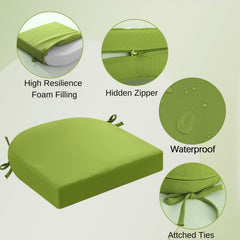 close-up of the green outdoor chair cushions with ties
