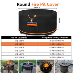 Close-up of the GuardKove fire pit cover showing the heavy-duty 1000D fabric